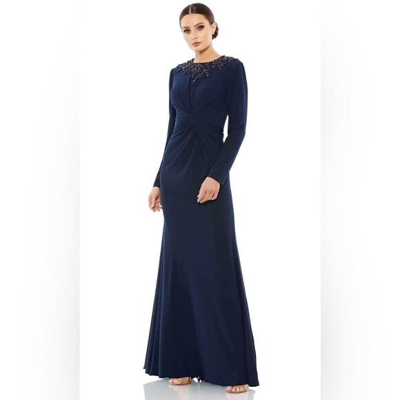 MAC DUGGAL 55713 BEADED HIGH NECK FRONT TWIST LONG SLEEVE TRUMPET GOWN 12 NWT - Picture 1 of 9